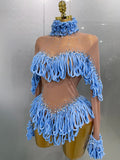 Women Shining Rhinestones Sexy Mesh Tassels Bodysuit Birthday Party Club Performance Dance DJ Leotard Show Stage Wear