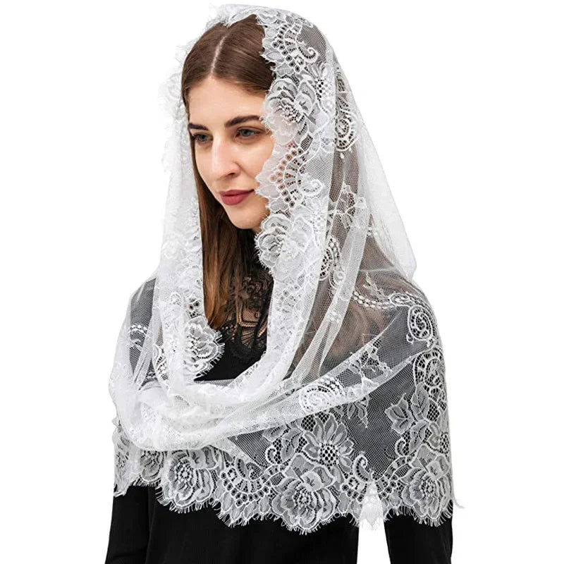 Lace Mantilla Veil For Church Latin Mass Spanish Style Lace Head Scarf Shawl White Black Catholic Chapel Veil For Wedding Bride as picture