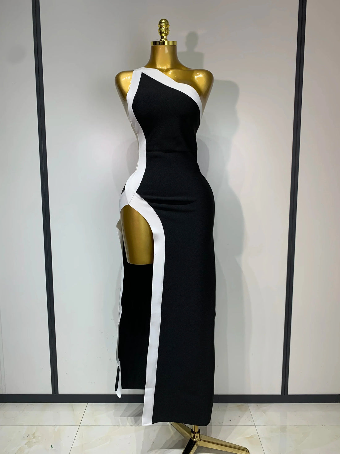 Women Sexy One Shoulder Split Black White Patchwork Bandage Bodycon Dress Celebrity Elegant Evening Party Birthday Outfit black