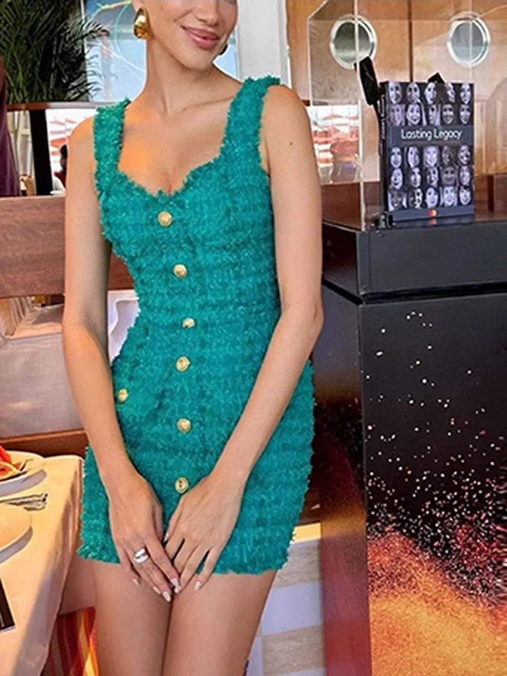 Elegant Women's Button Design Dress Camisole Sleeveless Slimming Mini Dress Celebrity Cocktail Evening Party Vestidos