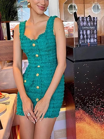 Elegant Women's Button Design Dress Camisole Sleeveless Slimming Mini Dress Celebrity Cocktail Evening Party Vestidos