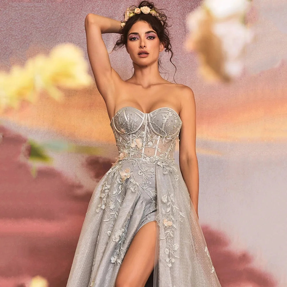 Grey Strapless Prom Dress Sweet 3D Flower فساتين مناسبة رسمية Princess Side Split A-line Tulle Vestidos De Noche