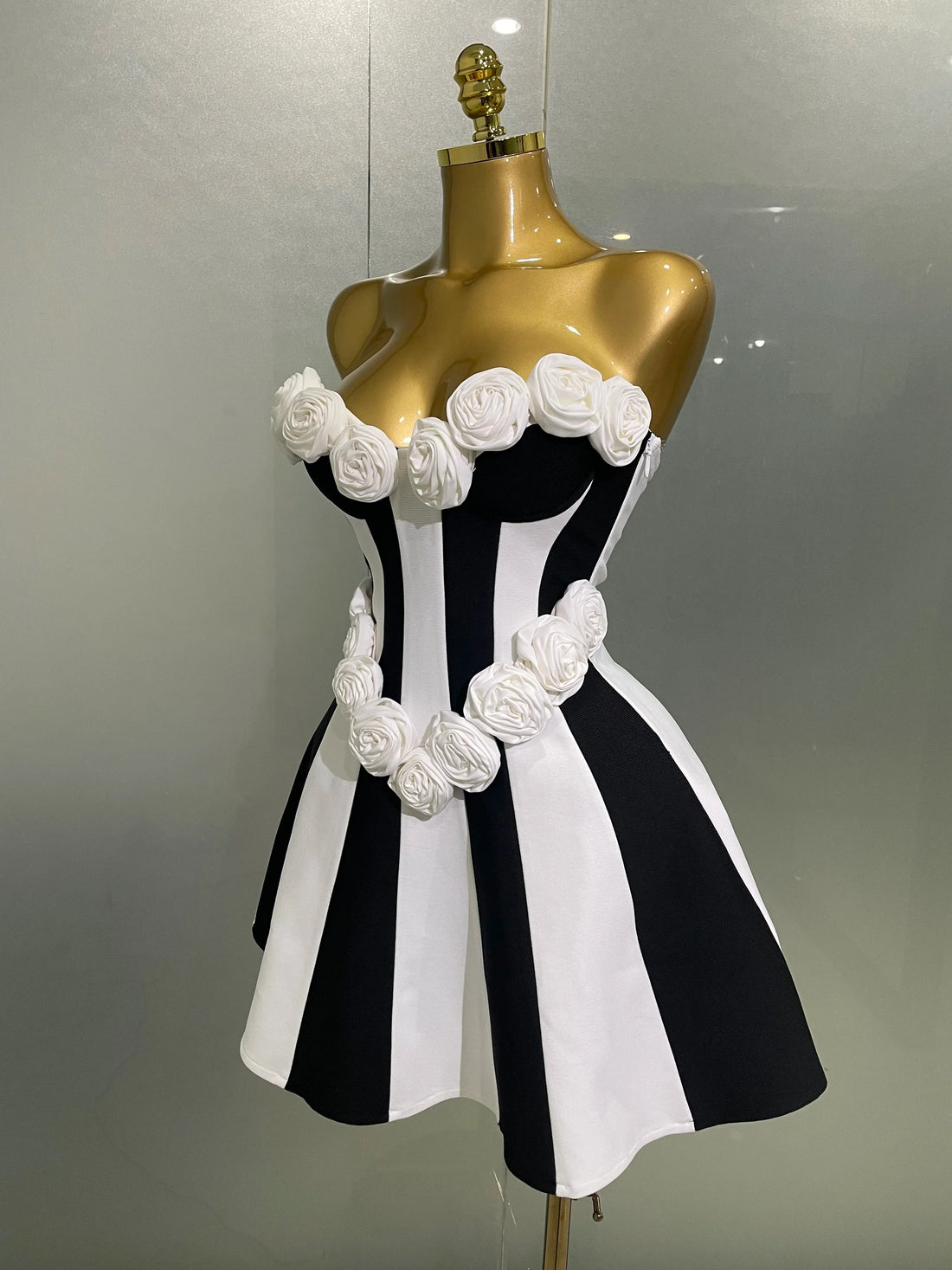 Women Flower Decoration Strapless Black White Stripe Bandage Short Dress Cocktail Party Elegant Evening Club Party Dress black