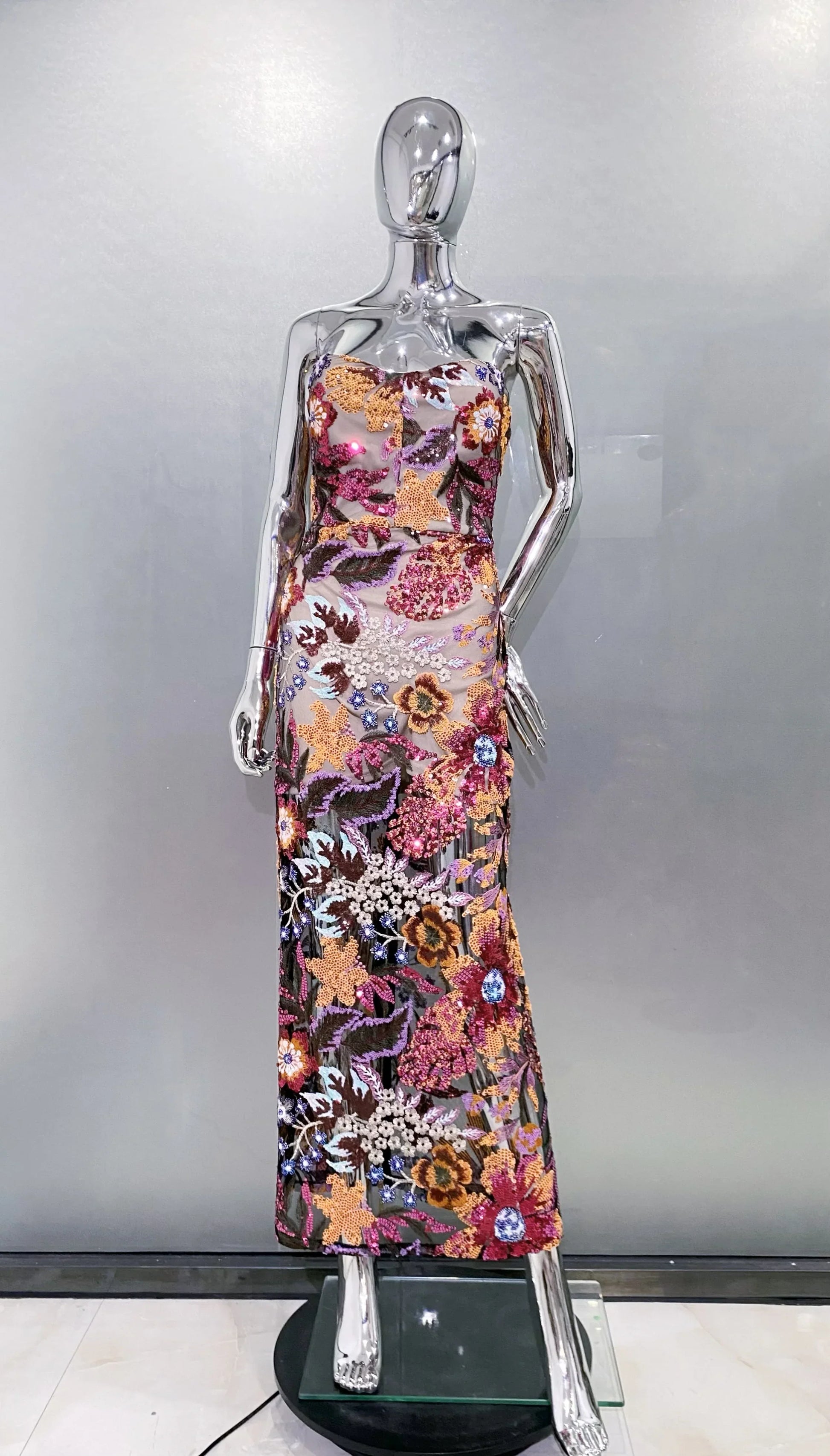 Sequin Flowers Embroidery Sexy Mesh See Through Strapless Ankle Length Dress Elegant Woman Evening Dress Celebrity Party Outfit Claret