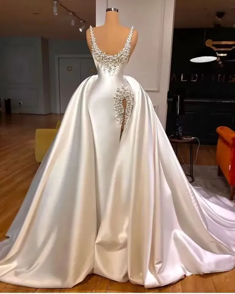 Luxury Beads Mermaid Pearls Bridal Gown with Detachable Train Side Split Wedding Dresses For Women Custom Made Vestido De Novia Ivory 14w