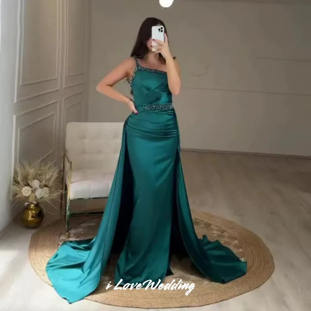 Army Green One Shoulder Bridesmaid Dresses Satin Spaghetti-Strap Beaded Mermaid Sweep Train Wedding Party Dress Customized 75