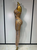 Luxury Rhinestone Sparkly Sexy Transparent Mesh Long Dress Women Birthday Party Gown Stage Singer Performance Costume