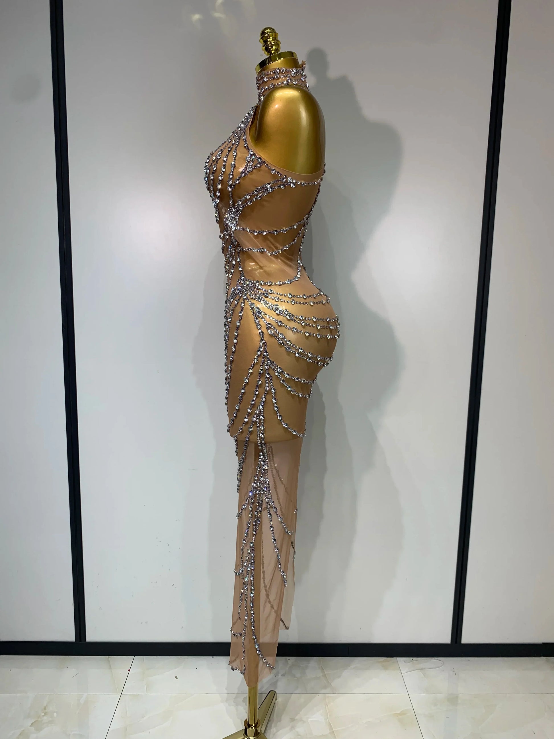 Luxury Rhinestone Sparkly Sexy Transparent Mesh Long Dress Women Birthday Party Gown Stage Singer Performance Costume