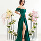 Hunter Green Prom Dresses Satin Long Floor Length Off Shoulder Front Slit Formal Party Evening Gown Women Special Occasion Dress