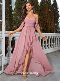 Pink Spaghetti-Strap Bridesmaid Dresses Chiffon V-Neck Ruffles A-Line Side Split Backless Wedding Guest Dresses Customized