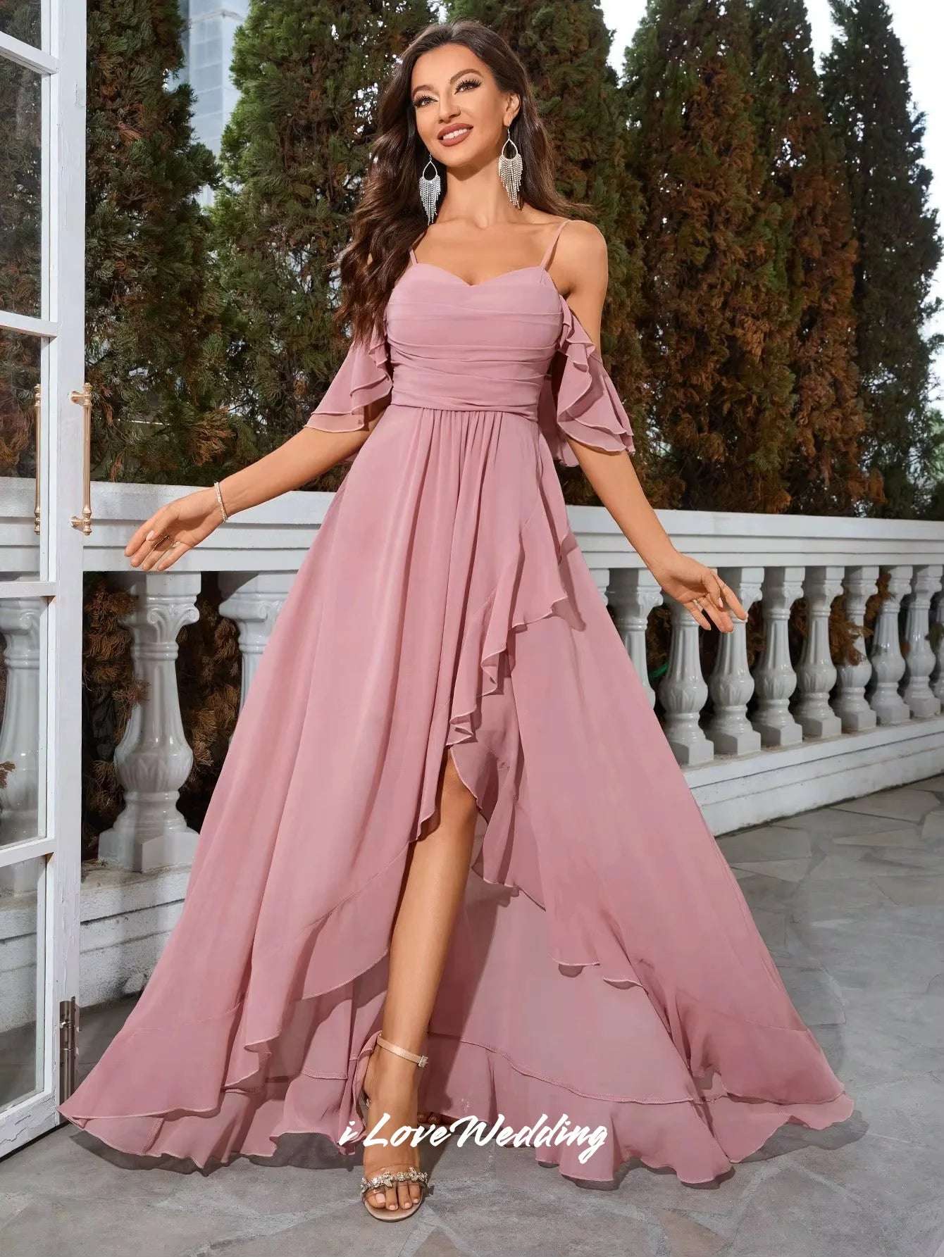 Pink Spaghetti-Strap Bridesmaid Dresses Chiffon V-Neck Ruffles A-Line Side Split Backless Wedding Guest Dresses Customized