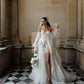 Lantejoulas lacinas vestidos de noiva de renda sopra manga longa Uma linha lateral lateral vestidos de noiva
