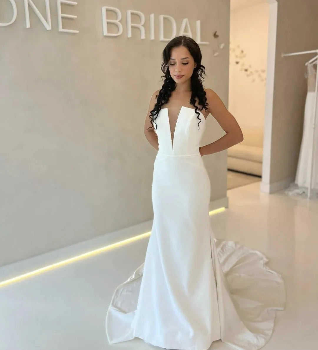 V-Neck Wedding Dress Satin For Women Customize To Measures Elegant Robe De Mariee Zipper Back White Civil Bridal Gowns Elegant White 14w