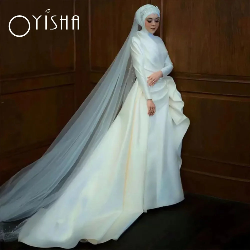 Gaun pengantin Muslim satin yang anggun menyatukan putri duyung gaun pengantin gading arab dubai womens gereja vestidos de noiva
