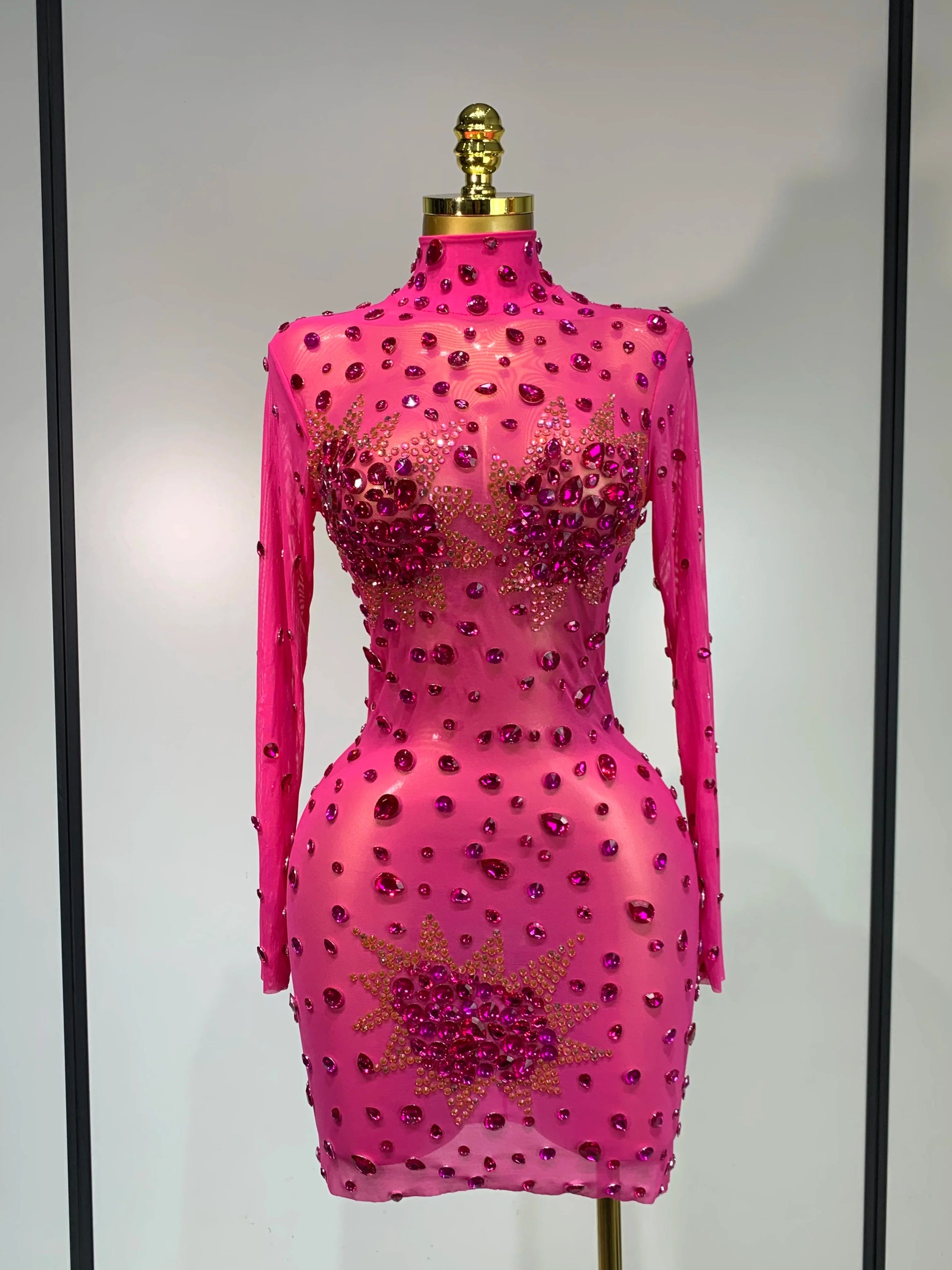 Women Sexy Gold Rhinestones Sparkly See Through Mini Dress Evening Party Fashion Performance Stage Outfit Luxury Birthday Dress Rose Red