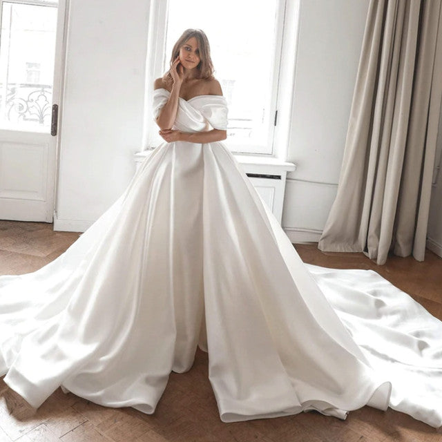 Robes De mariée en Satin simples et élégantes, épaules dénudées, col bateau, Robes De soirée formelles, glamour