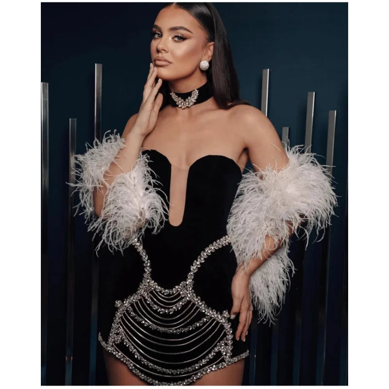 Stylish Necklace Shining Diamonds Strapless Black Bandage Mini Dress Fashion Woman Party Vestido Celebrity Birthday Outfit XL