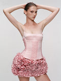 Dreamy Adorable Pastel Pink Two-Piece Set Dress Halter Corset Top and Ruffled Mini Skirt for Trendy Occasions Evening Gown