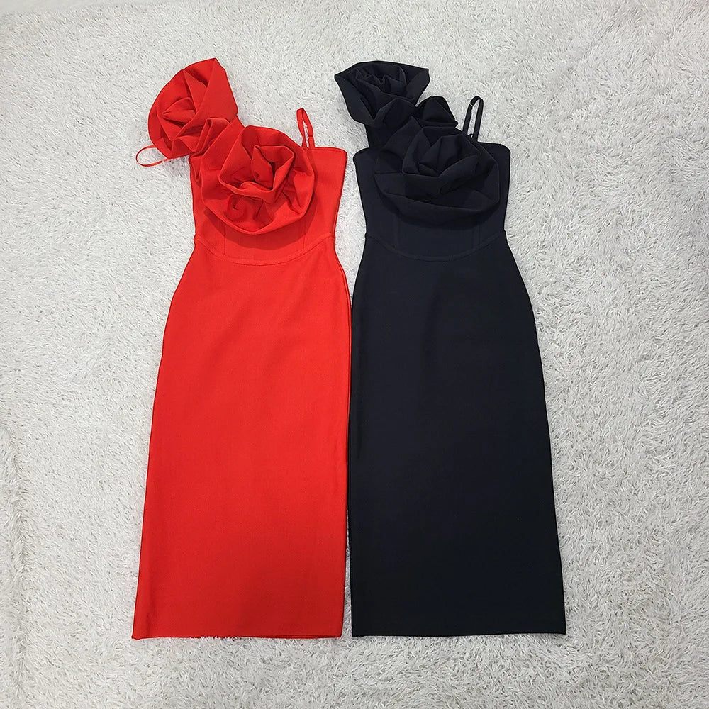 Black Red Color Women Sexy Strap Florals Bodycon Midi Bandage Dress Celebrate Nightclub Party Birthday Photo Shoot Outfit