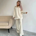 Casual Autumn Loose Knit Sweater Set Fashion Zip Lapel Long Sleeve Pullover Sweater & Straight Pants Two-piece Set Apricot