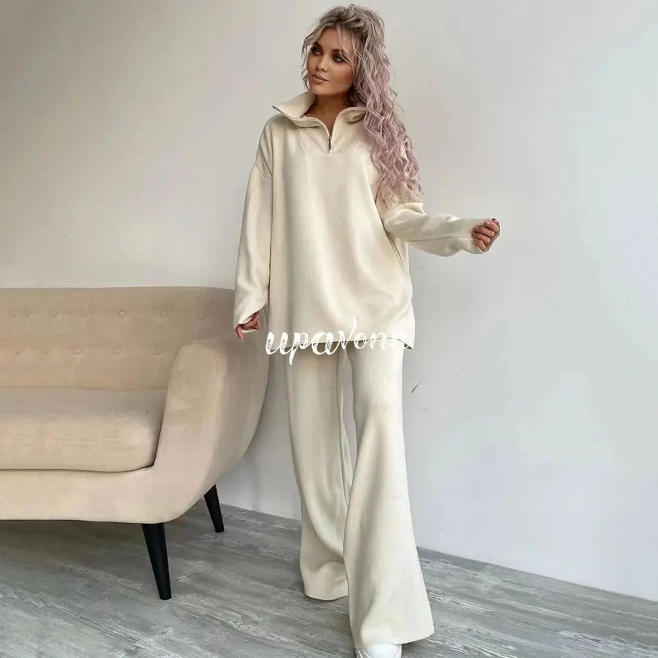 Casual Autumn Loose Knit Sweater Set Fashion Zip Lapel Long Sleeve Pullover Sweater & Straight Pants Two-piece Set Apricot