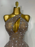 Women Sexy Mesh See Through One Shoulder Luxury Rhinestones Stage Costume Singer Dancer Nightclub Evening Party Birthday Dresses