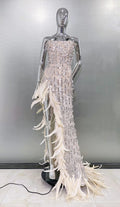 Gorgeous Feathers Beading Sequins High Slit Strapless Floor Length Dress Woman Birthday Party Vestido Stage Performance Costume