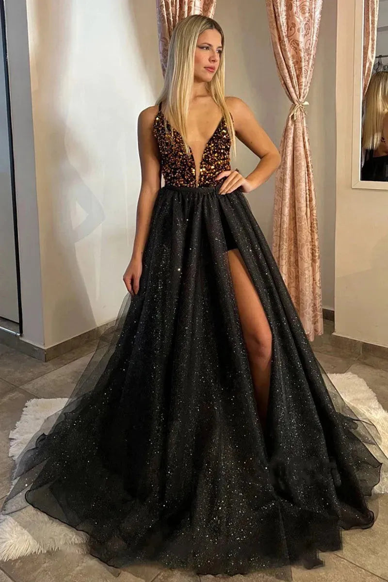 Sequined Evening Dresses Tulle Deep V Neckline Spaghetti Strap A Line Hi-lo Front Slit Prom Gowns Women Formal Party Custom made Black