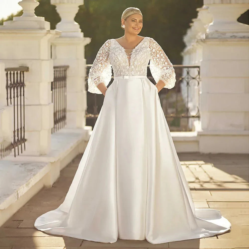 Plus Size Wedding Dresses Classic Satin Bridal Dresses Puff Sleeves V Neck Beading Sequined A Line Bride Gown with Pockets Plus Size