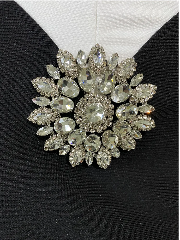 Luxury Diamonds Strapless Package Hips White Patchwork Black Bandage Dress Fashion Woman Party Dress Celebrity Party Vestido