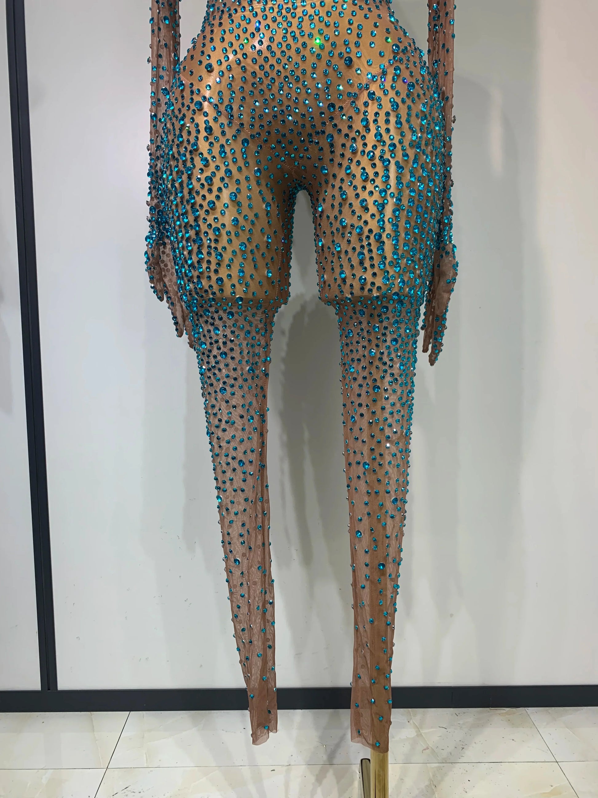 Luxury Rhinestones Bodycon Jumpsuit Sexy Women Mesh See Through Birthday Gown Women Bar Nightclub Dancer Stage Outfit