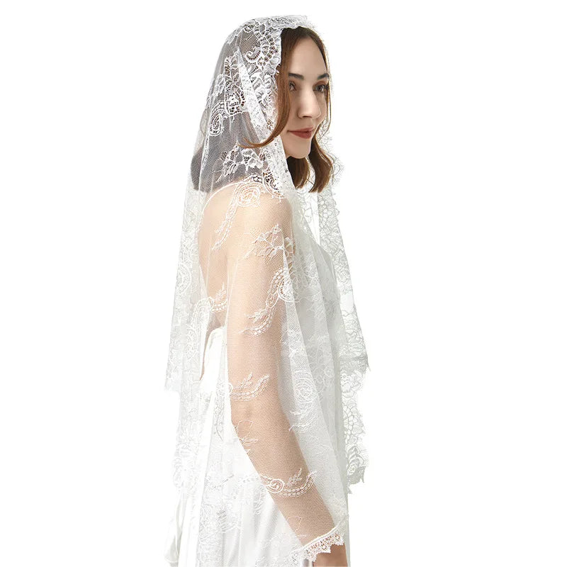 Lace Mantilla Veils For Church Spanish Muslim Head Covering Lace Shawl Scarf For Women Catholic Chapel Veils For Wedding Bride WHITE