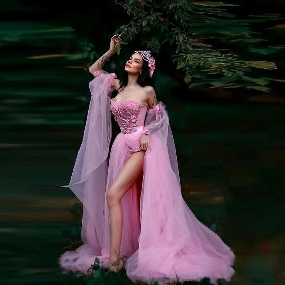 Pink Elegant Princess Evening Gowns Lace Appliques Beaded Sexy High Split Tulle Sweep Train Formal Party Dress