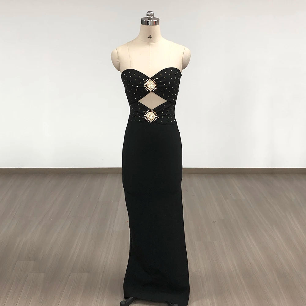 Black & Pink Sexy Strapless Hollow Out Diamond High Slit Shinning Rhinestones Bandage Long Dress Bodycon Celebrity Dress BLACK