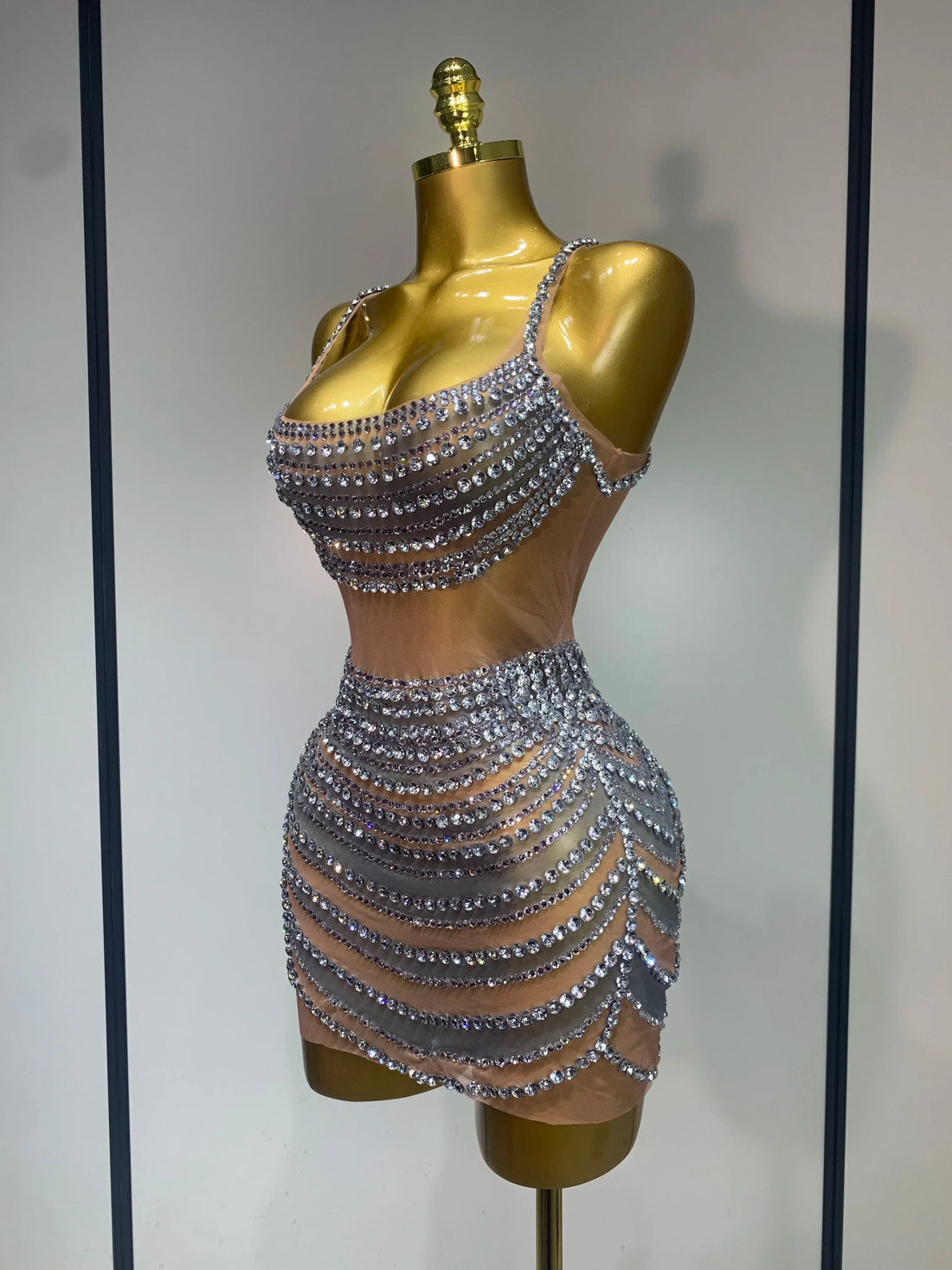 Sparkly Rhinestones Sleeveless Mini Dress Evening Birthday Celebrate Evening Party Dress Nightclub Stage Performance Costume Silver
