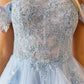 Light BlueTulle Prom Dresses Off the Shoulder Lace فساتين السهرة Elegant Sleeveless A-line Edge Curl vestidos verano moda