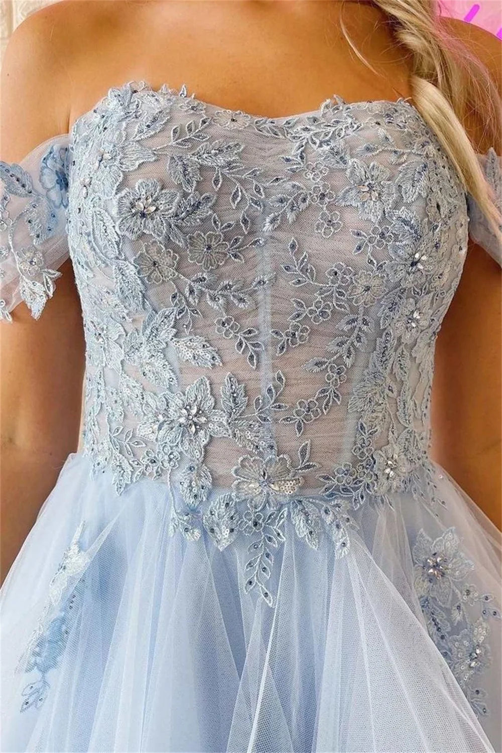 Light BlueTulle Prom Dresses Off the Shoulder Lace فساتين السهرة Elegant Sleeveless A-line Edge Curl vestidos verano moda