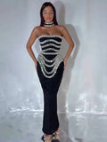 Black Strapless Long Dress Diamonds Embellished Bodycon Bandage Prom Celebrity Party Evening Gowns Dropshipping