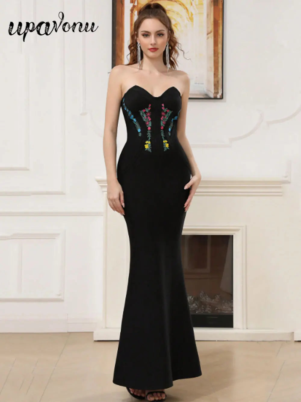 Elegant Women's 3D Decorative Fishtail Bandage Dress Strapless Sleeveless Bodycon Backless Long Dress Dinner Party Vestidos