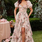 Sweetheart Neck Prom Dresses A-line Organza Vestidos De Noche Puffy Short Sleeves Chapel Train Edge Curl Cocktail Party
