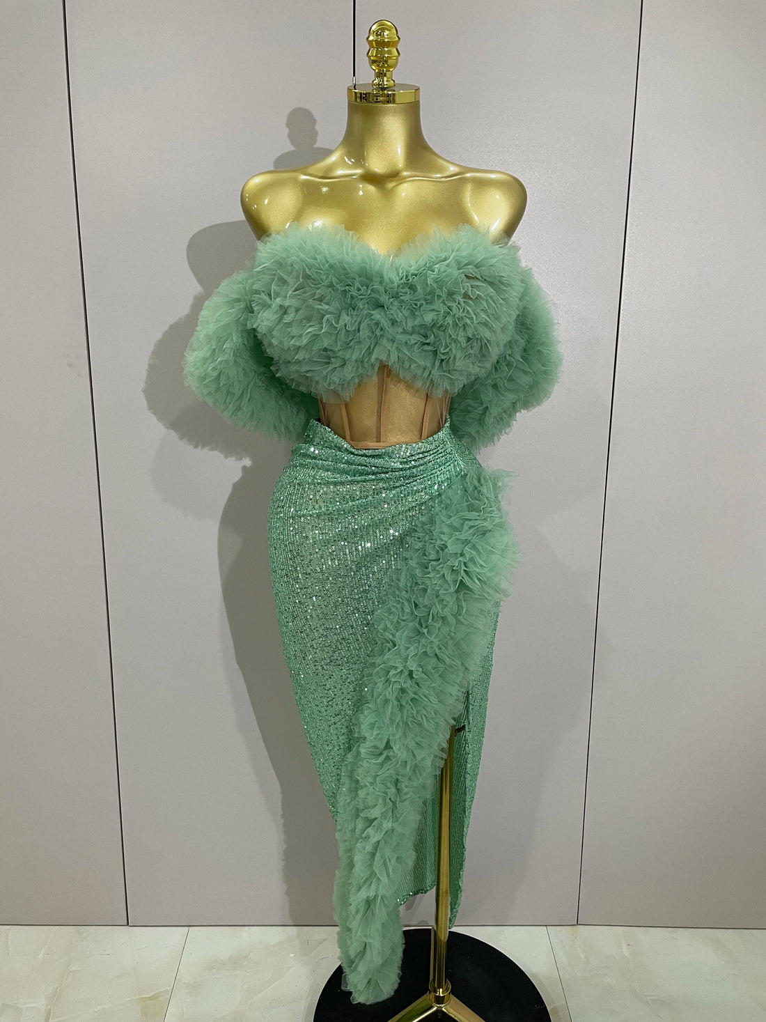 Shiny Sequins Top Short Skirt Two Pieces Set Women Sexy Celebrate Evening Prom Birthday Party Dress Nightclub Stage Outfit Mint