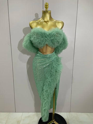 Shiny Sequins Top Short Skirt Two Pieces Set Women Sexy Celebrate Evening Prom Birthday Party Dress Nightclub Stage Outfit Mint