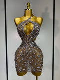 Sparkly Rhinestones Backless Mini Dress Women Sexy Mesh Transparent Celebrate Evening Birthday Dress Photo Shoot Stage Wear Dark Brown
