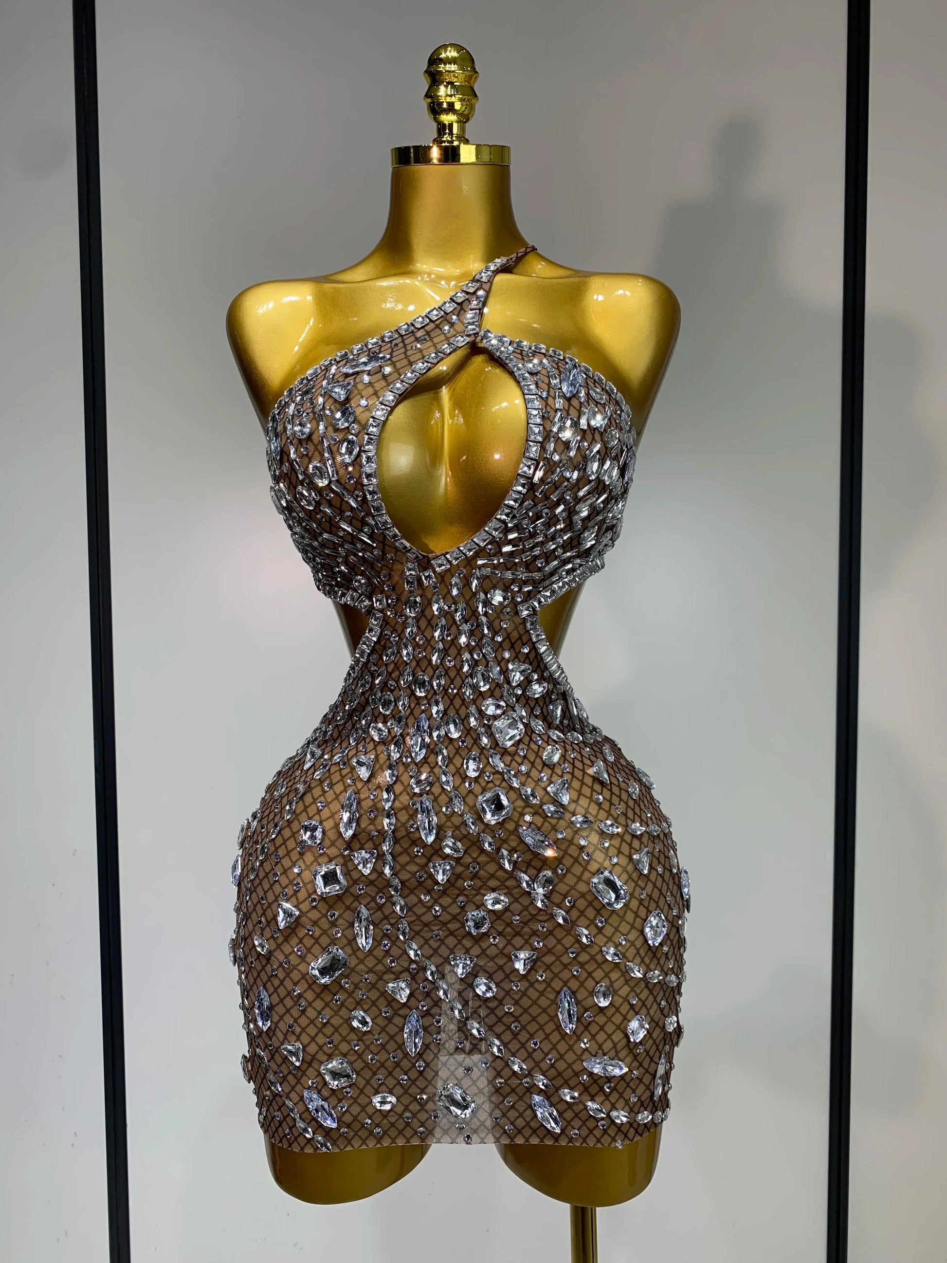 Sparkly Rhinestones Backless Mini Dress Women Sexy Mesh Transparent Celebrate Evening Birthday Dress Photo Shoot Stage Wear Dark Brown