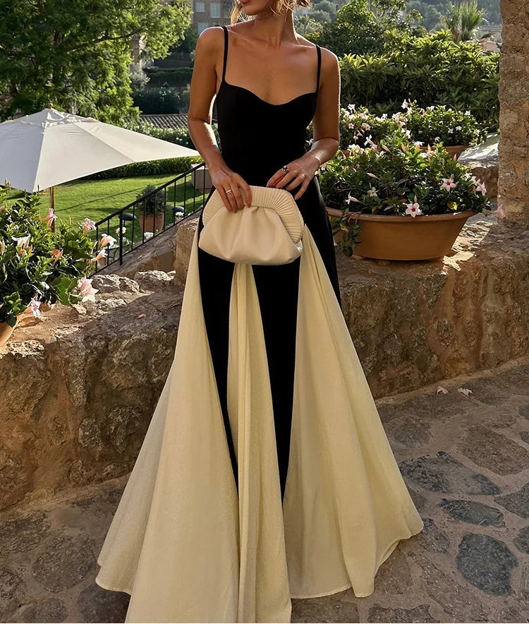 Color Block Spaghetti Straps Long Dress For Women Backless A-Line Maxi Celebrity Cocktail Party Evening Gowns Casual Vestidos
