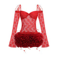 Sweet Fairy-Tale White & Red Off-Shoulder Lace & Puff Skirt Dress Outfit for Themed Parties Red