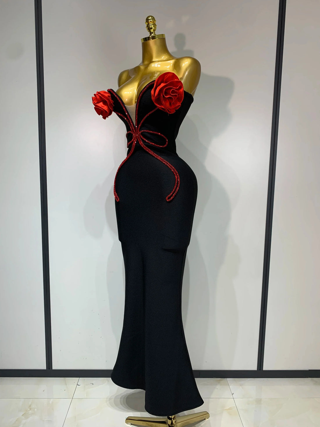 Sexy Strapless Flower Appliques Sexy Diamond Bodycon Bandage Mermaid Dress Celebrity Evening Runway Party Club Birthday Dress black