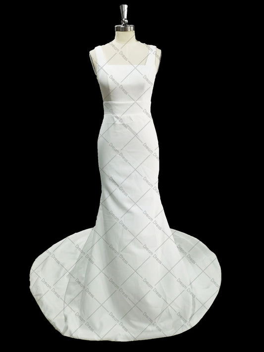 فستان زفاف حورية البحر بسيط بدون ظهر بدون أكمام من الساتان الأنيق والأشرطة برقبة مربعة رداء العروس من De Mariee