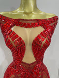 Shining Red Rhinestones Sexy Mesh See-Through Mini Dress Women Celebrate Evening Prom Birthday Party Dress Stage Shoot Wear