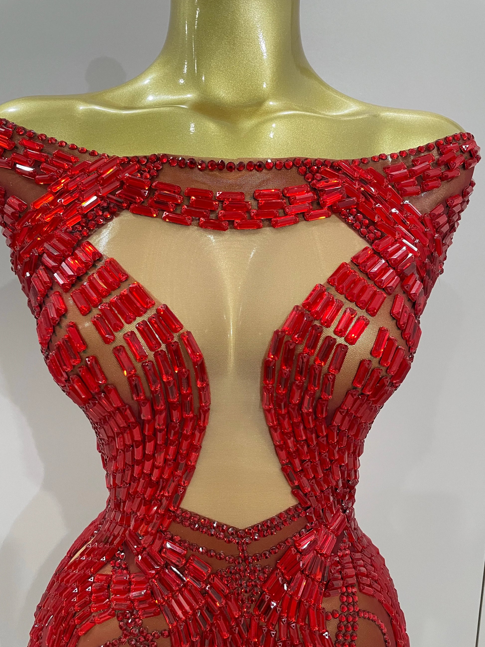 Shining Red Rhinestones Sexy Mesh See-Through Mini Dress Women Celebrate Evening Prom Birthday Party Dress Stage Shoot Wear